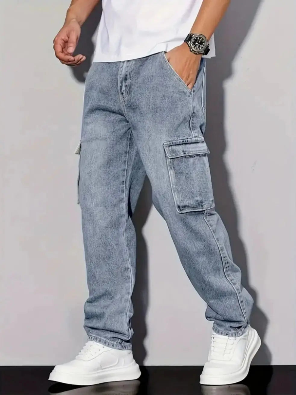 Men's American Retro Casual Cargo Jeans, Loose Fit, Solid Color, Fashion Essential