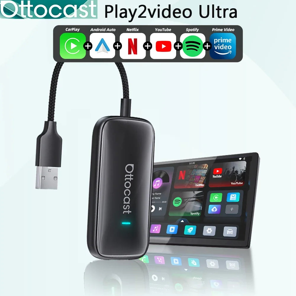 OTTOCAST Play2Video Ultra Wireless CarPlay Android Auto Adapter Built-in Youtube Netflix Video Box Car Accessories