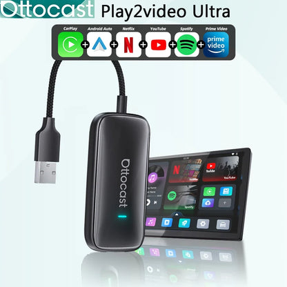 OTTOCAST Play2Video Ultra Wireless CarPlay Android Auto Adapter Built-in Youtube Netflix Video Box Car Accessories