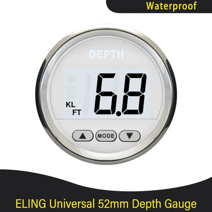 Marine 52mm Digital Depth Gauge Indicator with Transducer and White Backlight for Yachts Fishing Boats Universal 12V