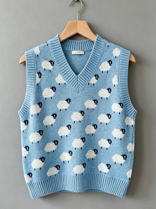 Women's plus size sheep pattern round neck knitted vest, casual and elegant spring and summer women's clothing