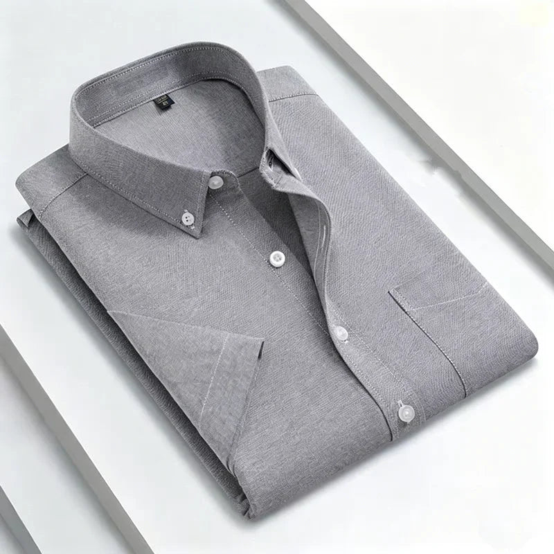 New 100% Cotton Men's Oxford Shirts Short Sleeve Summer Stripe Casual Formal Dress Social Regular Fit White Fashion Clothes 5XL
