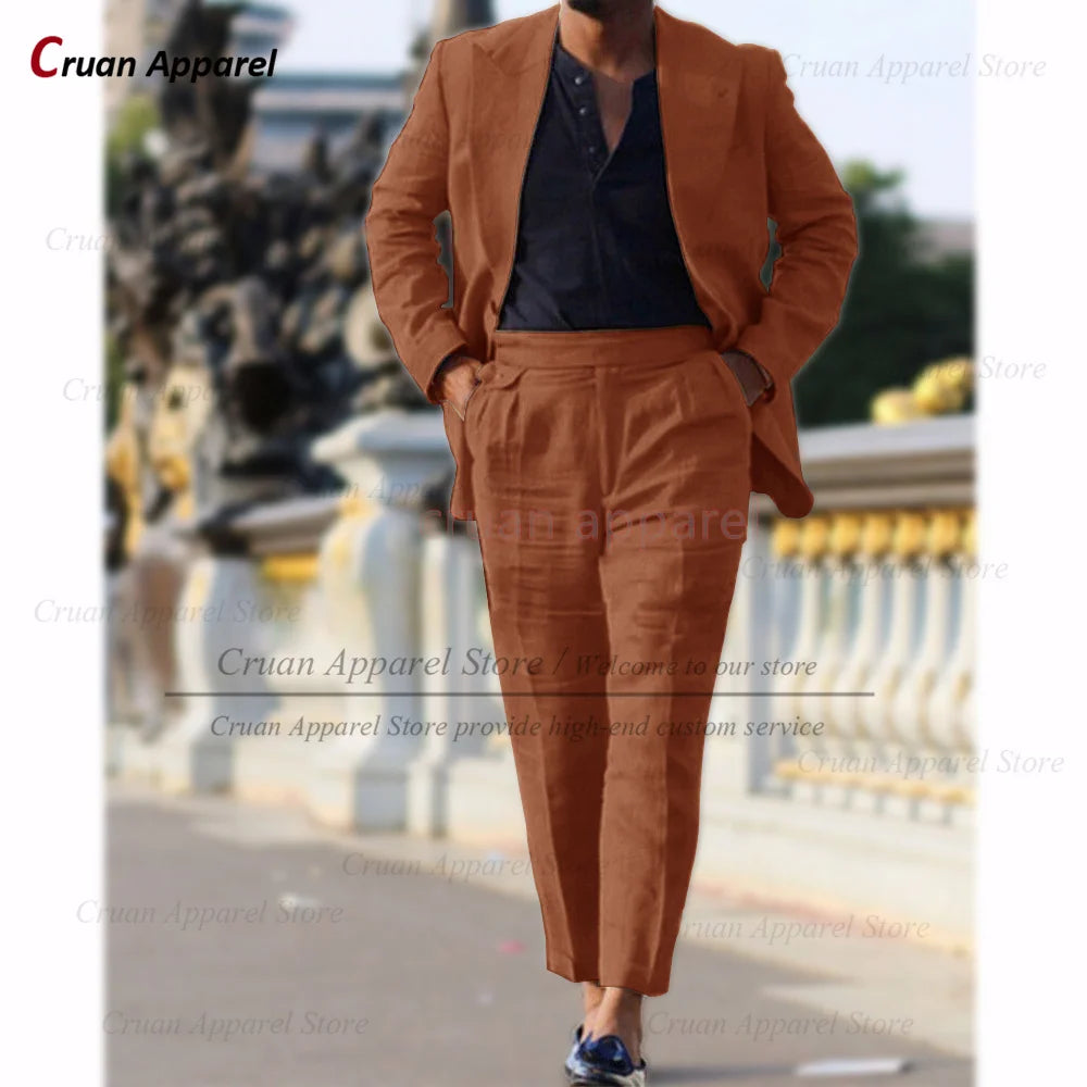 Classic Summer Linen Suit Sets For Men Smart Casual Blazer And Pants 2 Pieces Formal Evening  Fashion Slim Fit Suit Attire