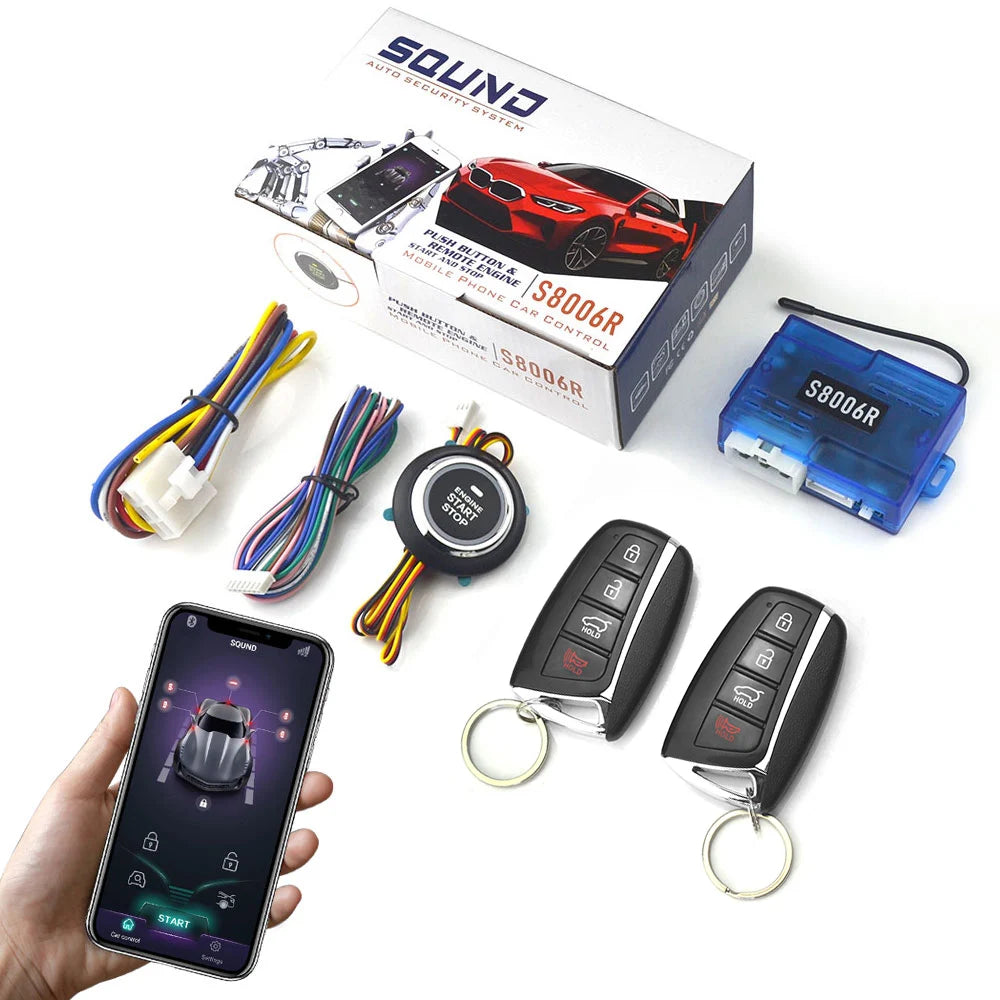12V Universal Car Alarm System with Keyless Entry Mobile App Controlled Keyless Entry Start Stop Button Two Remote Controls