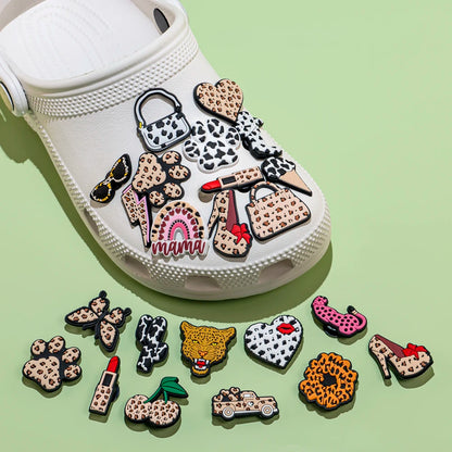 1/25pcs Leopard Print Shoe Charms for Hot Girl Women Shoe Decorations Pins Sandals Accessories Lipstick Heart Cherry Clog Buckle