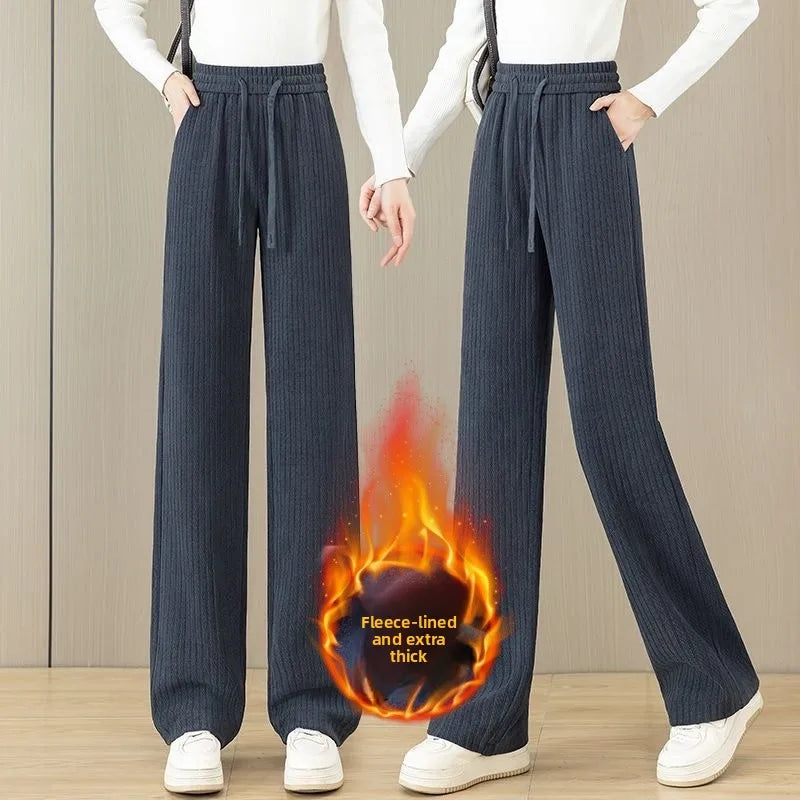 High Waist Thickened Fleece Women's Loose Pants Straight Leg Casual Trousers Korean Style Commute Fashion plus Size Ladies