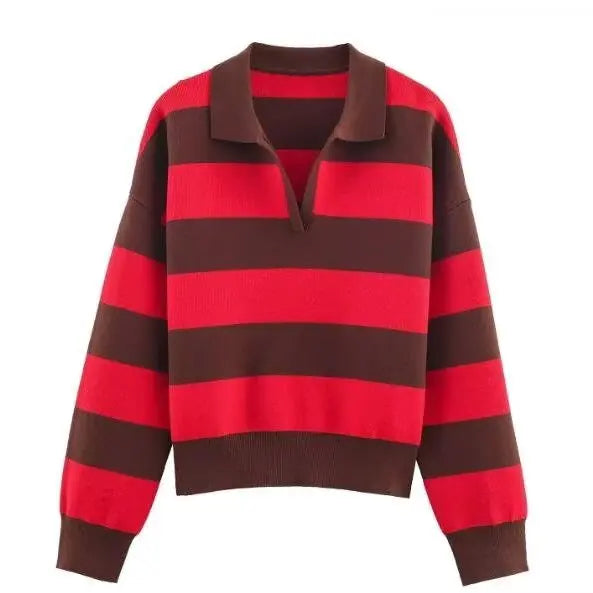 JNLEAOG Fashionable Striped Knitted  Shirt Women's Loose Fit Classic Pattern Long Sleeve Youthful Vitality Autumn New Arr...