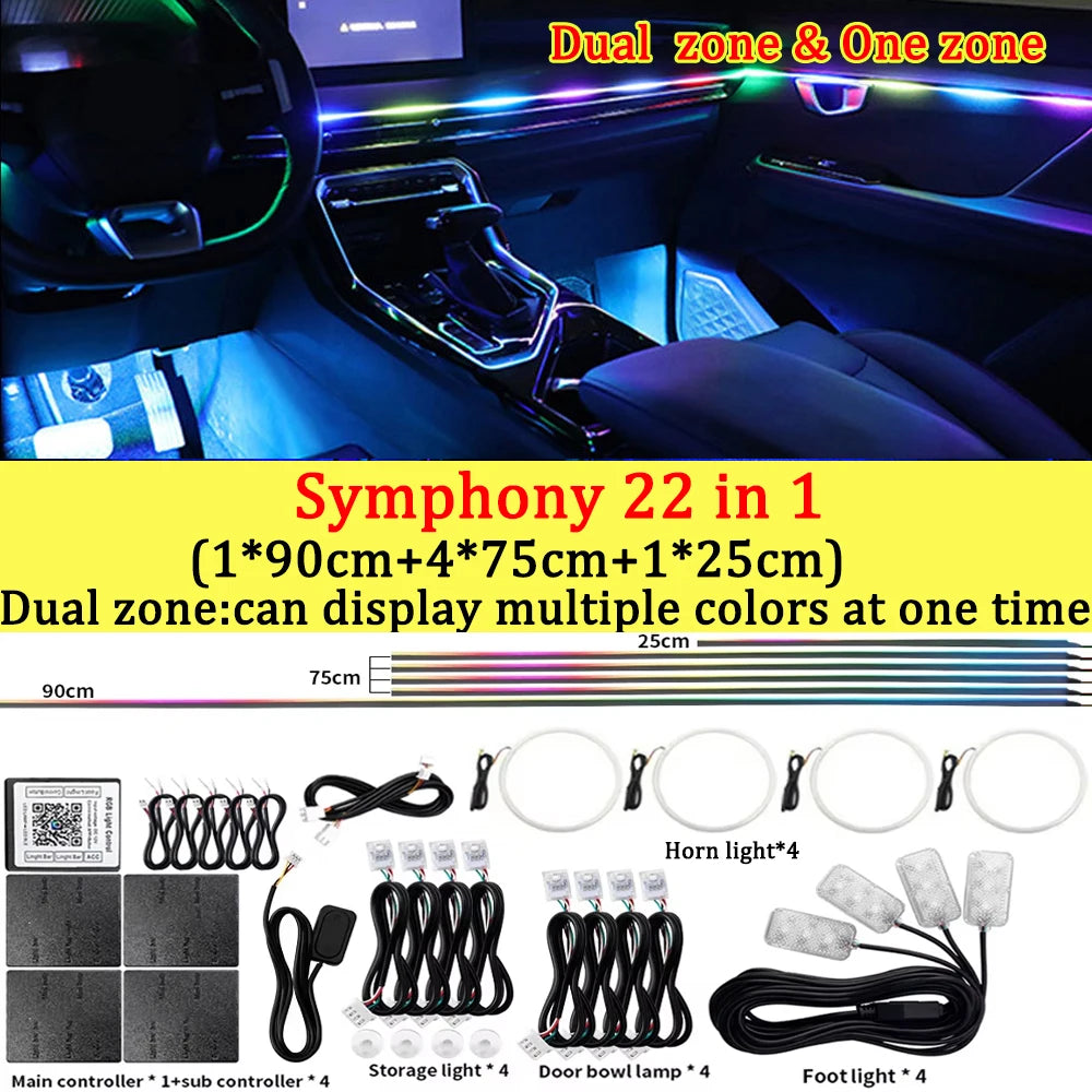 10/14/18/22 in 1 Dual Zone Hidden Acrylic RGB 64/213 Color Symphony Streamer Auto Interior Car Ambient Light Kit APP Control 12V