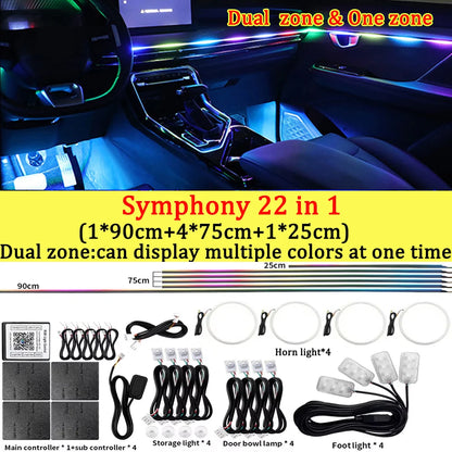 10/14/18/22 in 1 Dual Zone Hidden Acrylic RGB 64/213 Color Symphony Streamer Auto Interior Car Ambient Light Kit APP Control 12V