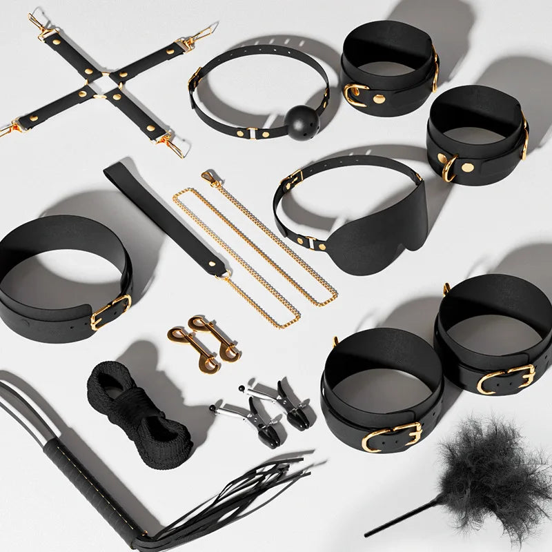 Sexy leather BDSM plush bondage bundle set blindfold handcuffs whip sex toys for women Nipple clip butt plug Exotic sex toys