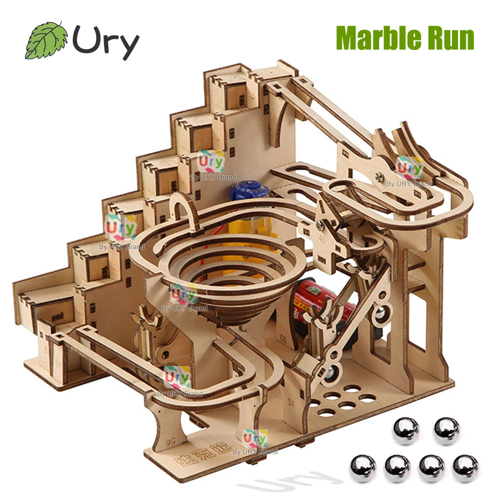 Ury 3D Wooden Puzzles Electric Staircase Track Device Marble Run Set Mechanical Model Science Maze 6 Balls Assembly Gift