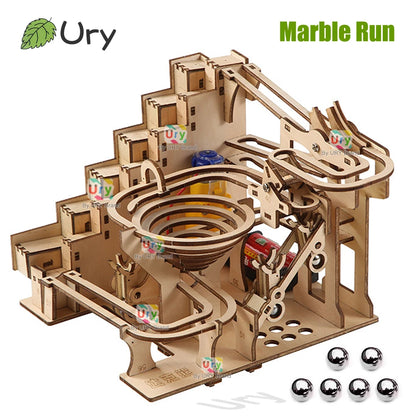 Ury 3D Wooden Puzzles Electric Staircase Track Device Marble Run Set Mechanical Model Science Maze 6 Balls Assembly Gift