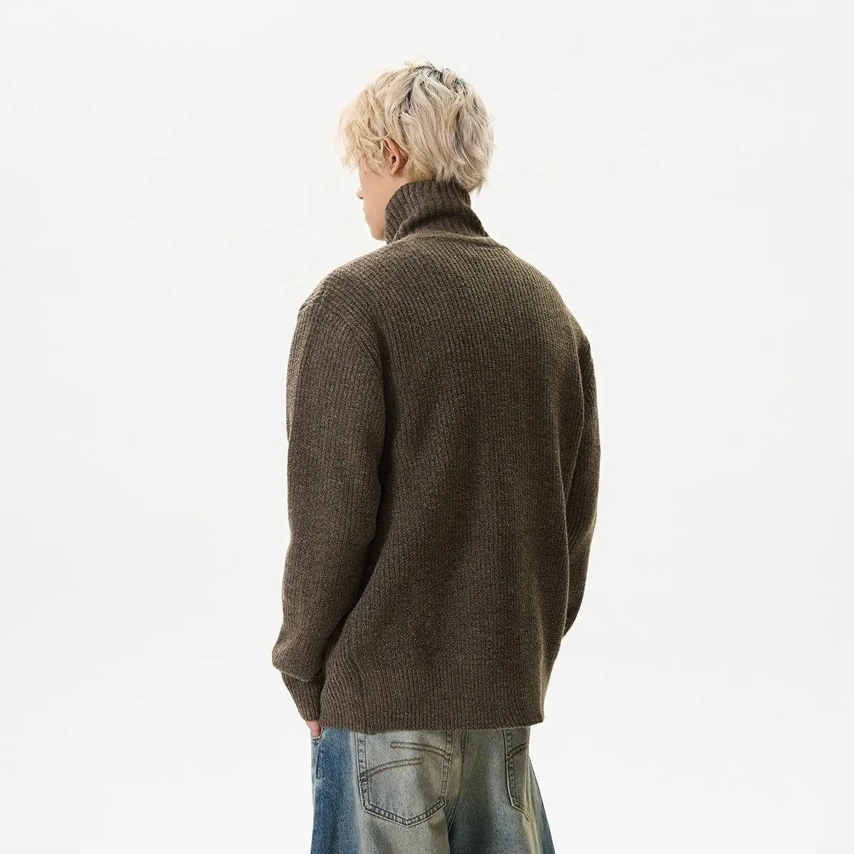 2025 autumn and winter new American retro solid color stand up collar knitted cardigan men's loose button sweater jacket