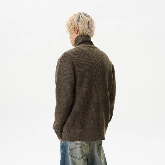 2025 autumn and winter new American retro solid color stand up collar knitted cardigan men's loose button sweater jacket