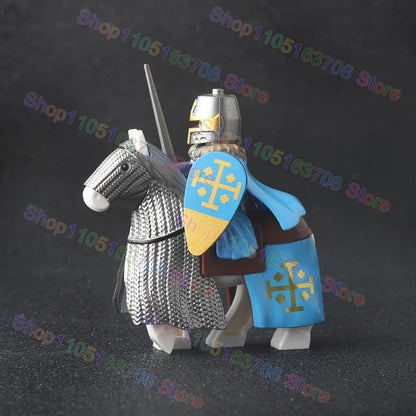 MOC Medieval Military Crusader Knight Building Blocks Castle Army Soldier Figure Horse Mount Shield Sword Accessories Bricks Toy