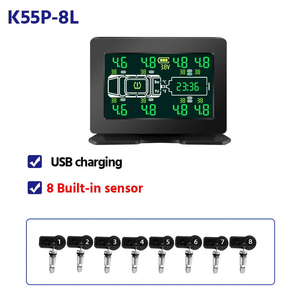 Truck Car Tire Pressure Monitor System Solar TPMS 6 /8 Internal And External Sensors LCD Display Tyre  Alarm Monitor Auto Tester