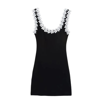 HH Female Summer Sexy Slim Dress 2 Color Solid Square Collar Sleeveless Backless Flower Decoration Women's Fashion Dresses
