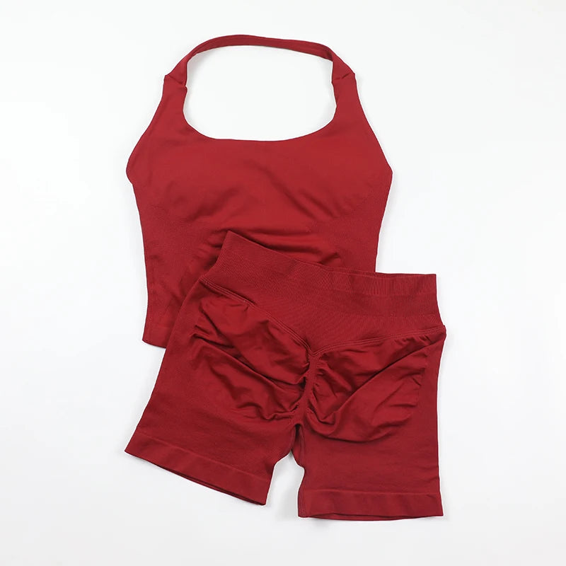 Women's Halter Neck Backless Yoga Set Seamless 2-Piece Outfit Ribbed High-Waist Scrunch Shorts Butt Lifting Gym Pilates Fitness