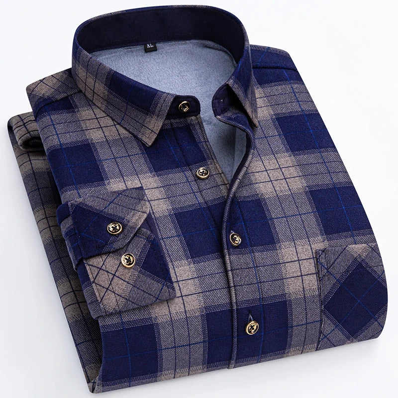 Winter Warm Shirt For Man Thickened Flannel Plaid Casual Menswear Long Sleeve Plus Fleece Big Size Regular Fit Smart Dress Shirt