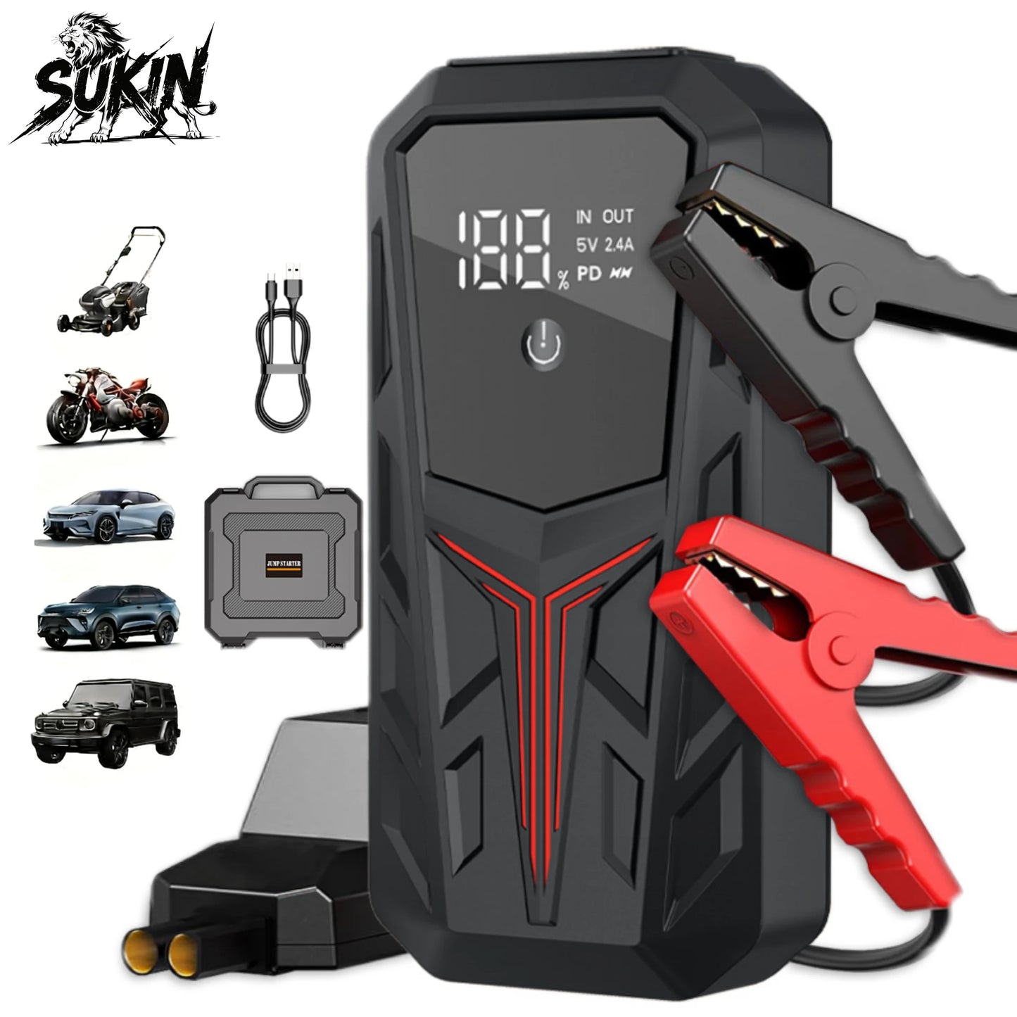 SUKIN 12V Jump Starter Car Battery Booster Starting Device Professional Car Rescue Emergency Start Power PD20W Waterproof Screen