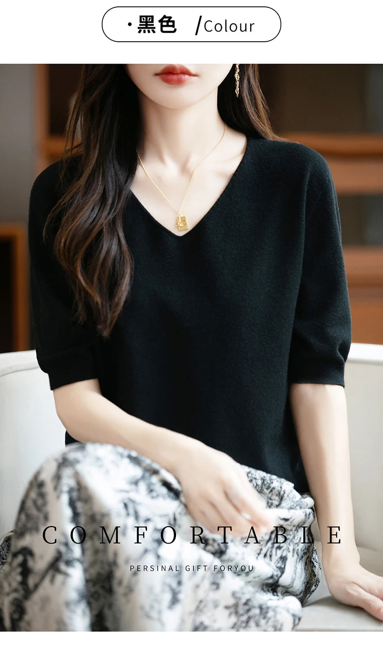 Thin Worsted Wool Short-Sleeved Women's Loose Round Neck T-shirt Printed Summer Fashion Knitted Bottoming Shirt Half-Sleeved