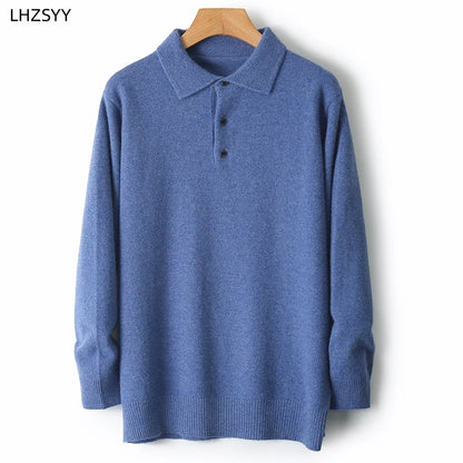 LHZSYY 100%Merino Wool Hot Cardigans Men Lapel Pullover Long Sleeve POLO Neck Sweaters Loose Tops Knit Clothing Large Size Shirt