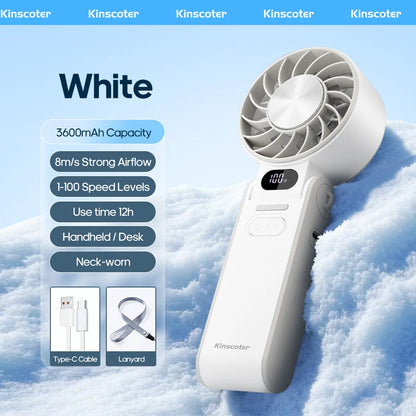 Kinscoter Mini Handheld Cooling Fan LED Display 3600mAh Foldable Portable Fan 100 Wind Speed w/ Lanyard for Outdoor Travel Gift