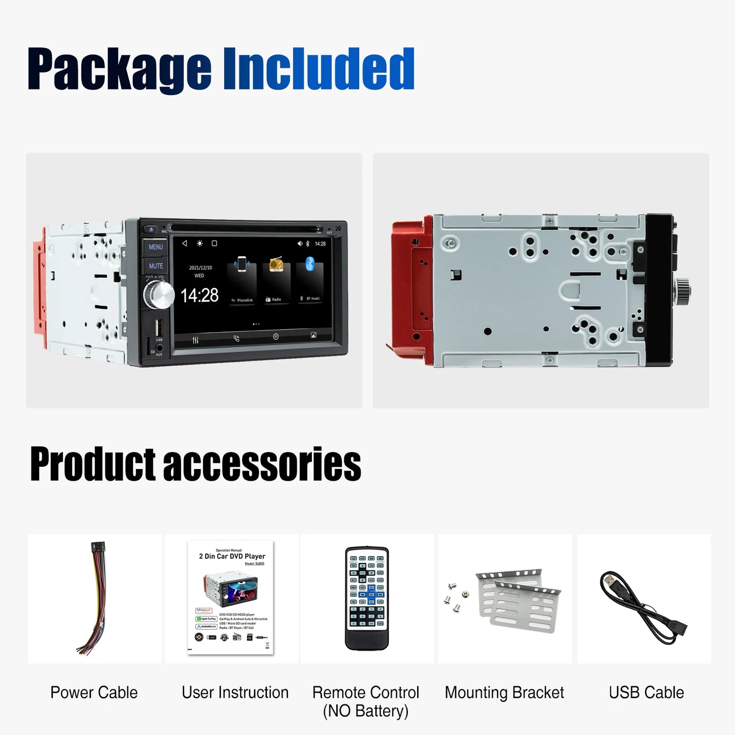 6.2" Double 2 DIN Car Stereo Radio CD DVD Player Apple Carplay & Android Auto FM/RDS HD Touch Screen Bluetooth USB TF+MIC&Camera