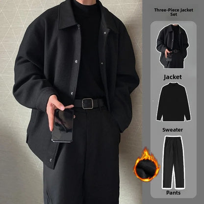 Men's Woolen Jacket Set Casual Autumn Winter Style Youth Long Sleeve Pants Three Piece Suit Elegant Fashionable Men's Wear