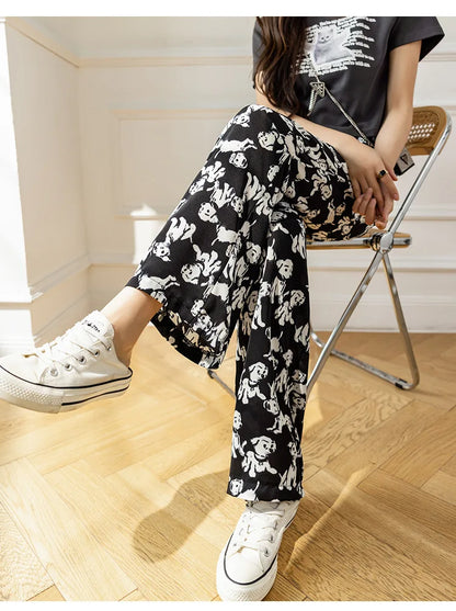 Summer Casual Loose Wide Leg Pants Women's Tie Dye Ink Ice Silk Loose Leopard Print Ethnic Style Long Pants Casual Trousers