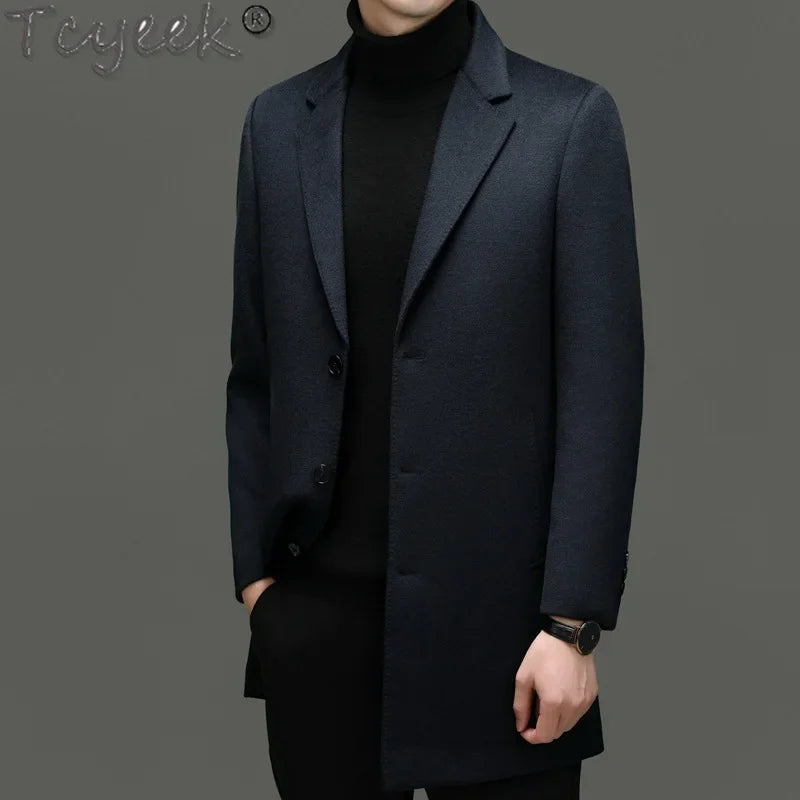 Tcyeek 10% Cashmere+ 90% Sheep Wool Jacket Men Clothes Autumn Winter Trench Coat Mid-length Woolen Coats Man New in Outerwear