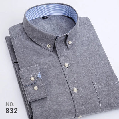 Mens Striped Plaid Oxford Spinning Casual Long Sleeve Shirt Comfortable Breathable Collar Button Design Slim Male Business Dress