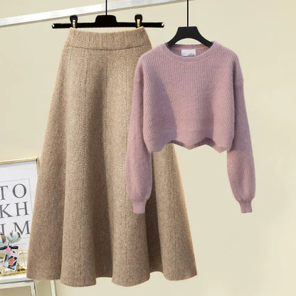 plus Size Women's Autumn Winter Knitted Sweater White Half-length Skirt Two-piece Set Slimming Concealing Anti-aging