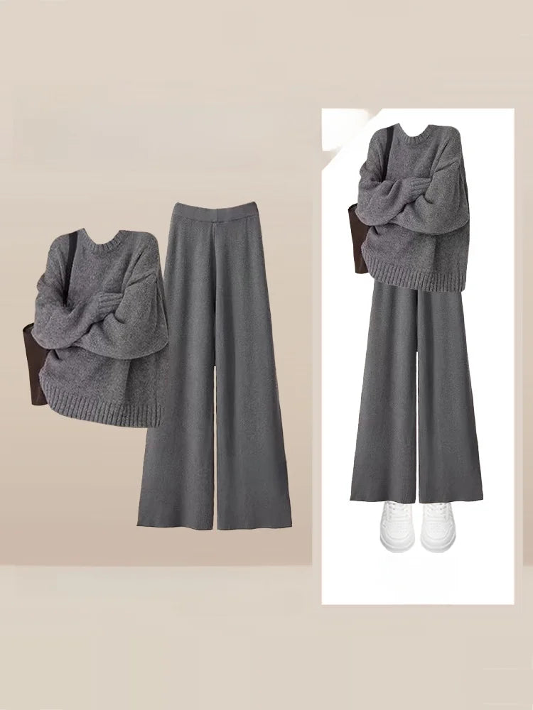 Loose Knitted Sweater And Wide Leg Pants Two Piece Set for Women Autumn Winter Comfortable Style plus Size Retro Casual Outfit