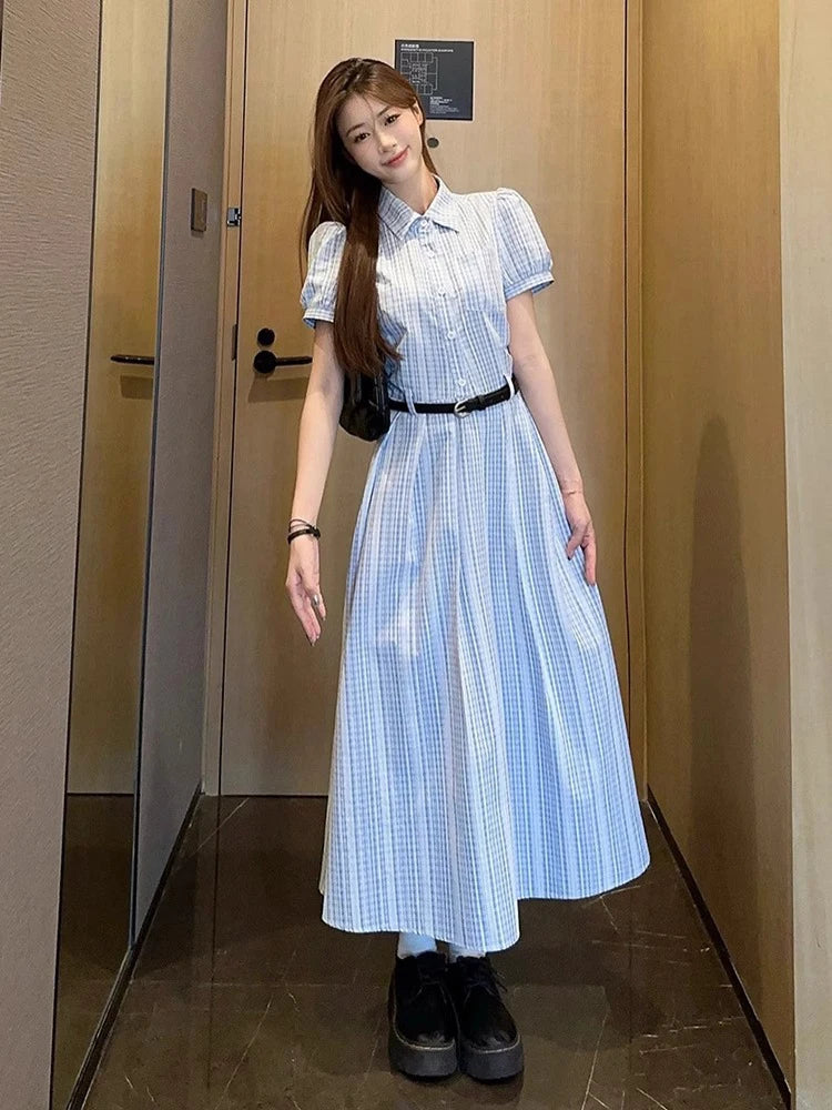 Gentle Wind Beautiful Blue Shirt Dress Women's Summer High-End Waist-Cinching Student Long Skirt Elegant Short Sleeve Knitted...