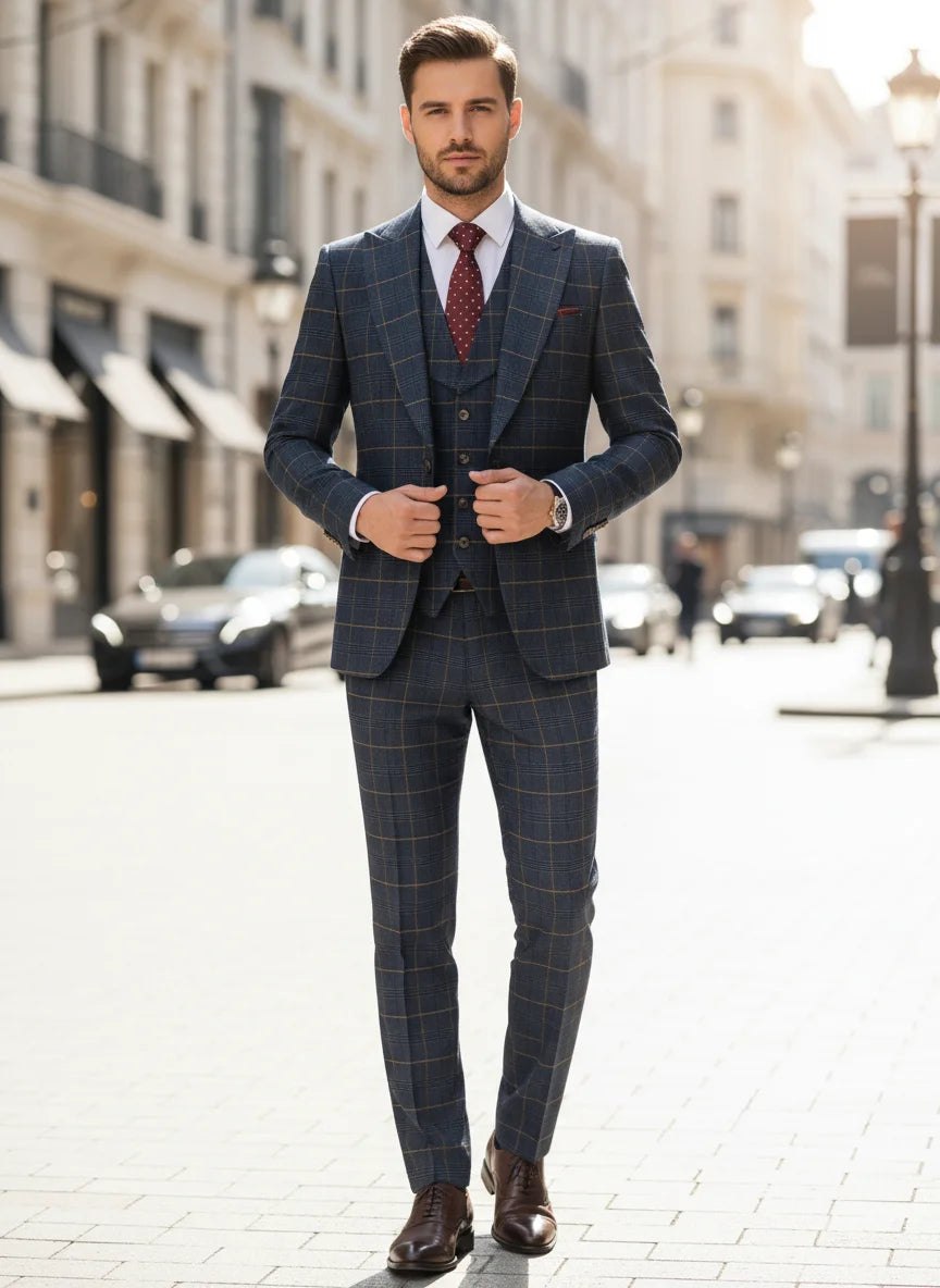 ST Cassy High Quality 3 Piece Checkered Suit Set Men Stylish Business Office Wedding Formal Outfit Full Elegant Man Suit