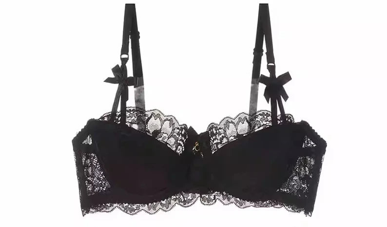 Sexy French Lace Push Up Bra Set for Small Chest, Anti Sagging Half Cup Demi Bra & Panty Lingerie Set, Sheer Adjustable Straps
