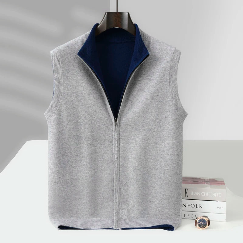 Autumn and winter 100% pure wool cardigan men's zipper stand collar double-sided sweater sleeveless knitted cashmere vest