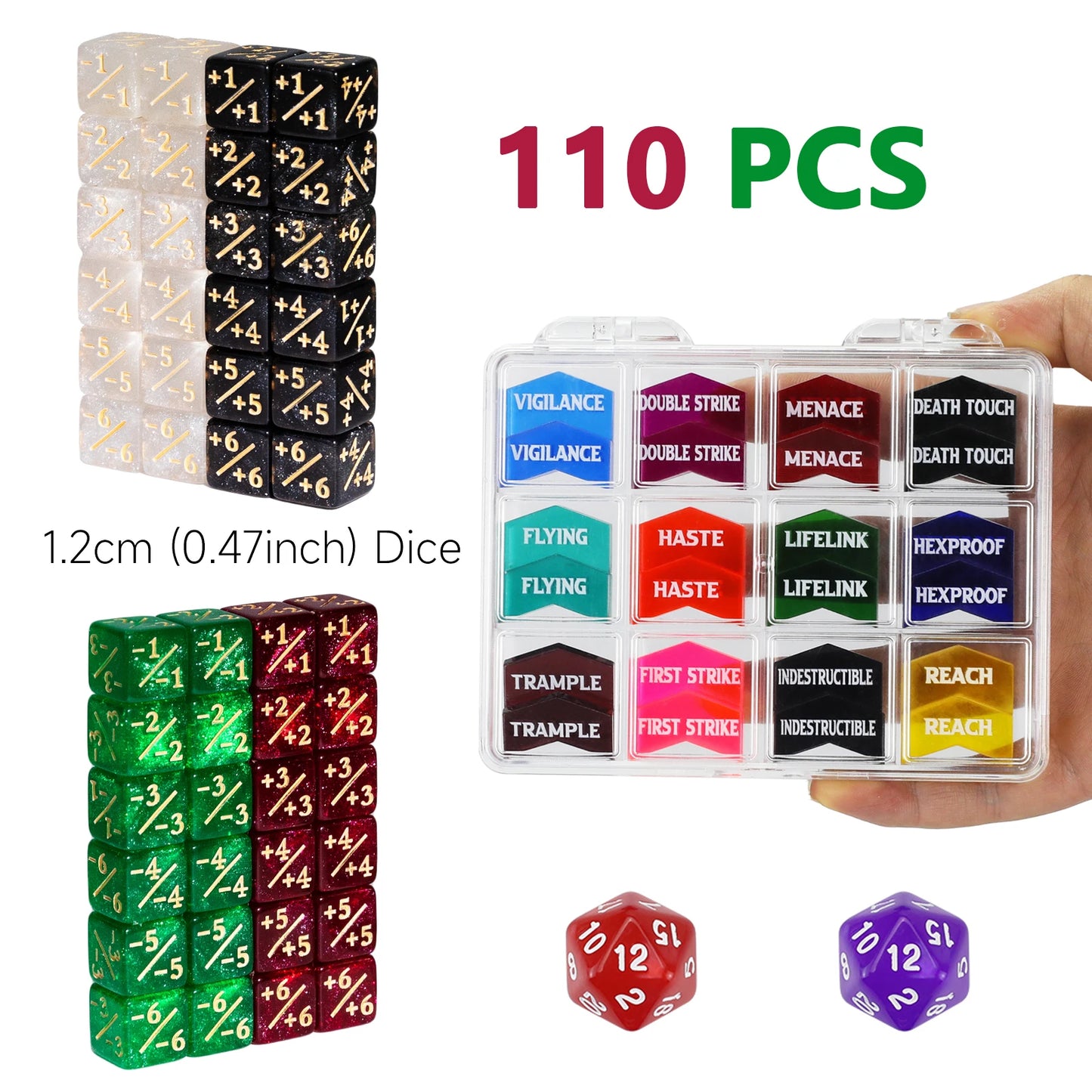110PCS MTG Dice Tokens Set Keyword Counters +1/+1 & -1/-1 Counters 2xD20 Life Trackers, 12mm Size with Storage Box, Compatible