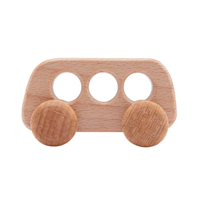 Dinosaur Cartoon Car Montessori Wooden Teether Toy for Infants Toddlers - Sensory Developmental Pretend Play Baby Teething Toy