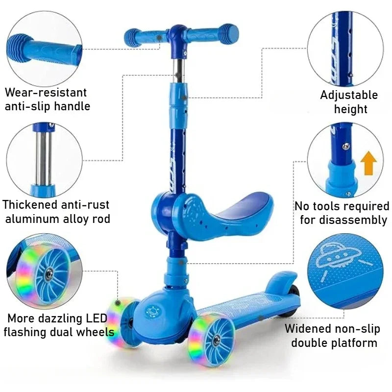 2-in-1 Kids Kick Scooter with LED Lighted Wheels Adjustable Height Wide Deck 3 Wheel Scooter Sit/Stand Child Toddler Outdoor Toy
