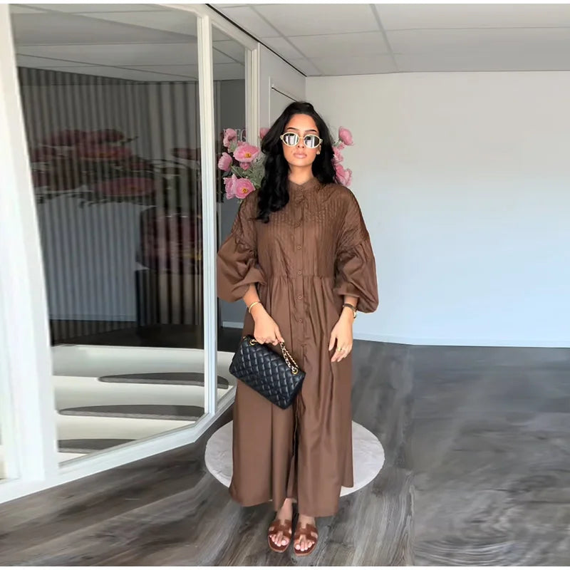 Casual Long Dress Women Solid Loose O Neck Single Breasted Full Lantern Sleeve High Waist Robe 2026 Spring Fashion Dresses Lady