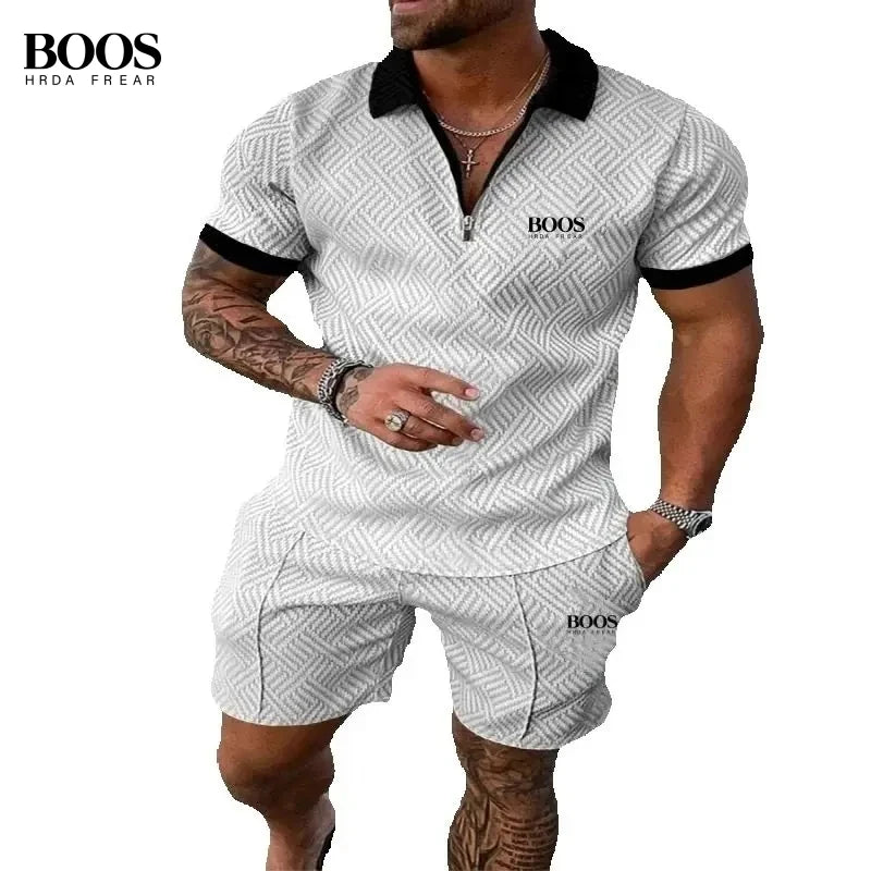 Summer Men's High-Quality Half Zipper Polo Shirt+Casual Shorts Set, Outdoor Sports and Leisure Beach Two-Piece Set