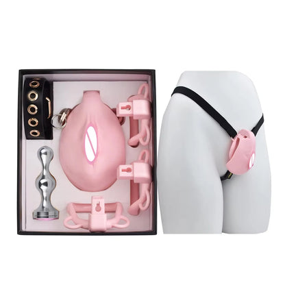 FRKO Real Pussy Labia Sissy Chastity Cage Set 정조대 4 Size Penis Ring Belt Lock Cock Anal Plug Pussy Worship Sex Toys For Men BDSM