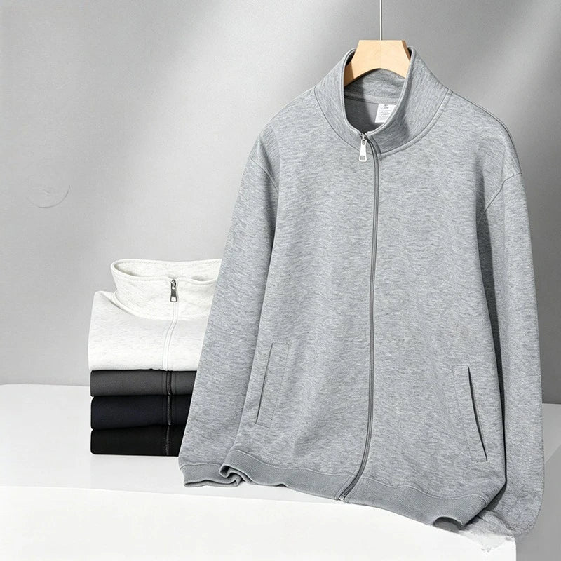 300g Premium China Cotton Zip Up Hoodie Solid Color Stand Collar Casual Unisex Streetwear Jacket for Spring Autumn