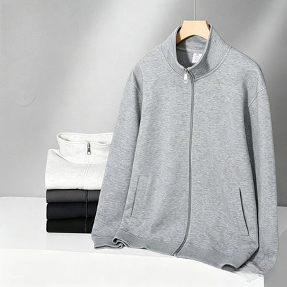 300g Premium China Cotton Zip Up Hoodie Solid Color Stand Collar Casual Unisex Streetwear Jacket for Spring Autumn