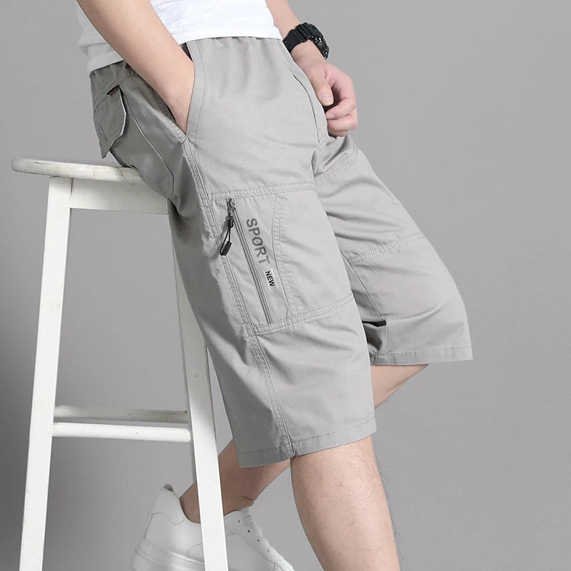 Summer Zipper Pocket Workwear Shorts Mens Knee Cargo Pants 2026 Cotton Shorts Men Climbing Jogger Elastic Waist Sports Work Wear