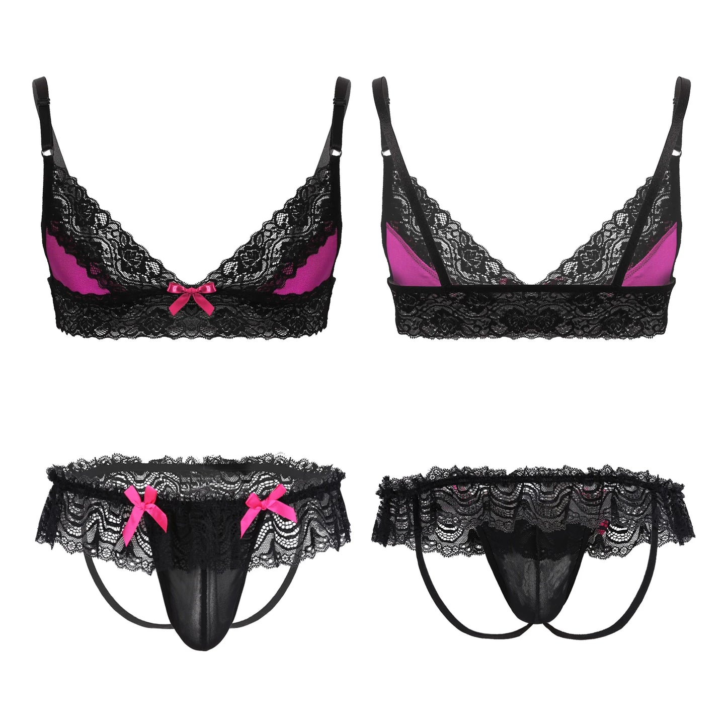 Men Satin Lingerie Suit Sissy Nightwear Sheer Mesh Patchwork Bra Tops with Briefs Thongs Exotic Sleepwear Gay Male Underwear