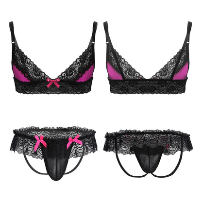 Men Satin Lingerie Suit Sissy Nightwear Sheer Mesh Patchwork Bra Tops with Briefs Thongs Exotic Sleepwear Gay Male Underwear
