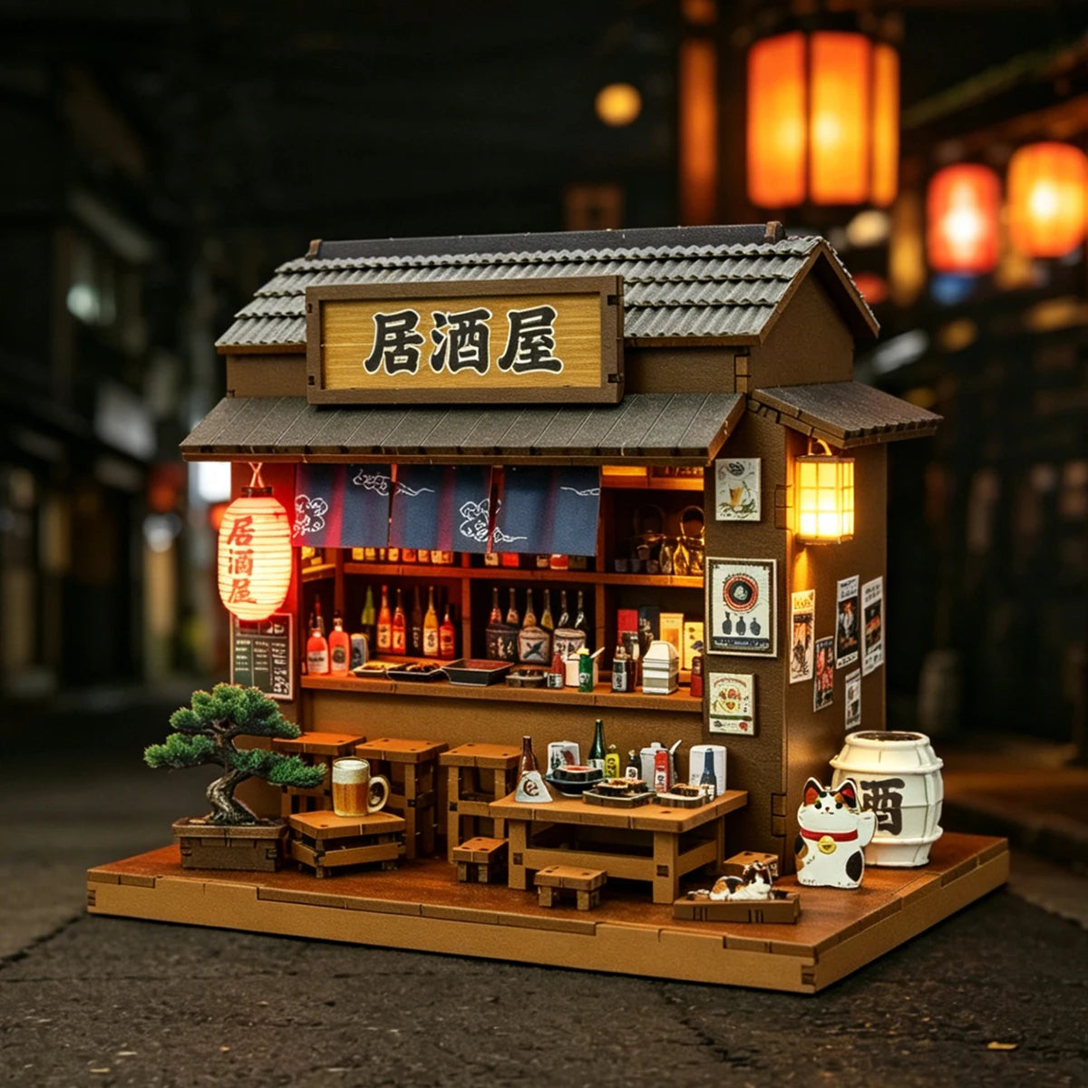 Izakaya Mini 3D Puzzle Assembly Model Dollhouse Kit DIY Handmade Toy Bookshelf Set, Wood Crafts for Girls' Birthday Gifts